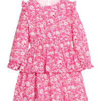 Pink floral dress with button closure along back of neckline, long sleeves, elastic ruched waistband, and two tiers for a flow but secure fit. 