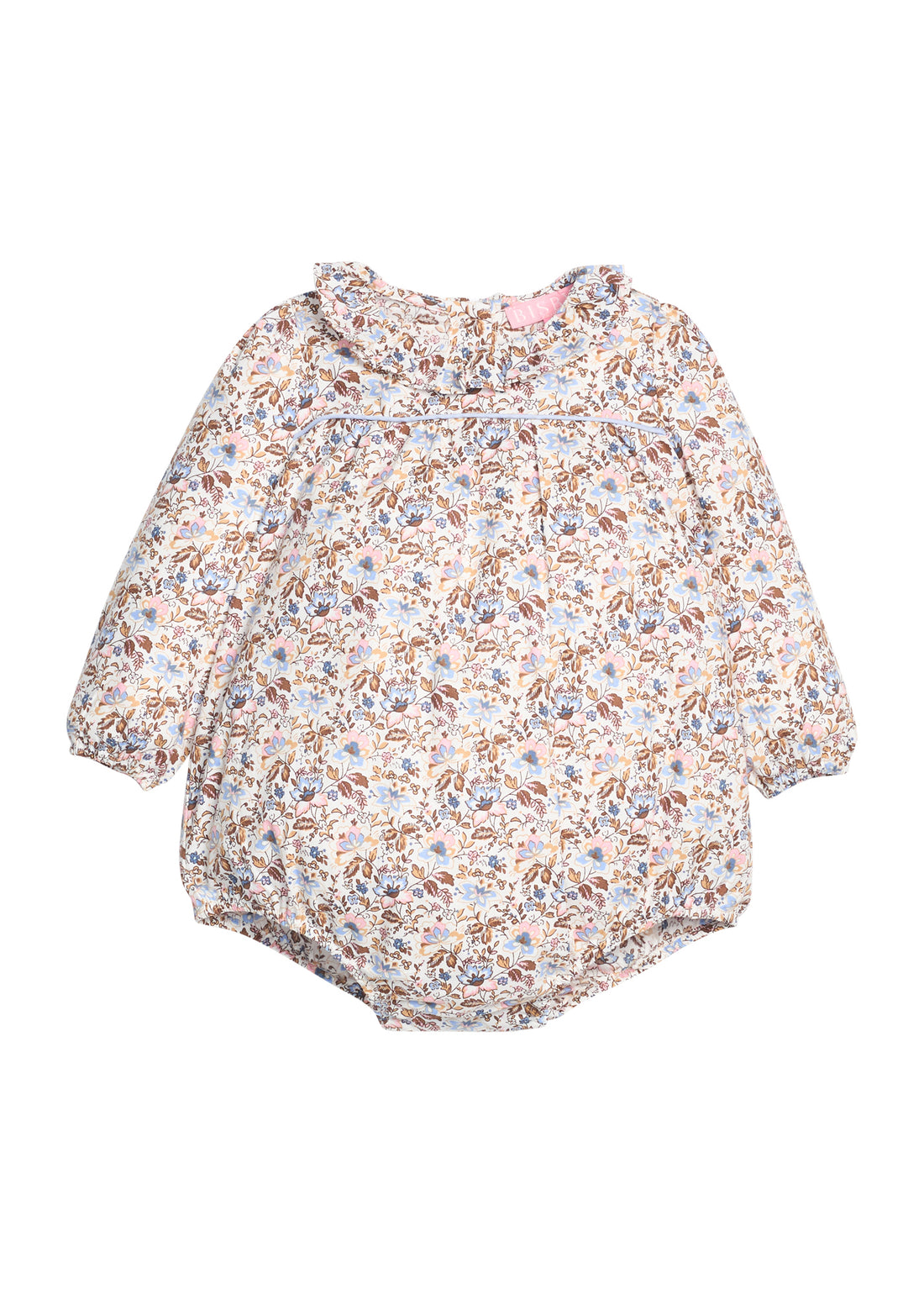 BISBY baby bubble in a pink/blue/brown floral print. Bubble features button closure along back and at stride for a relaxed but secure fit. 