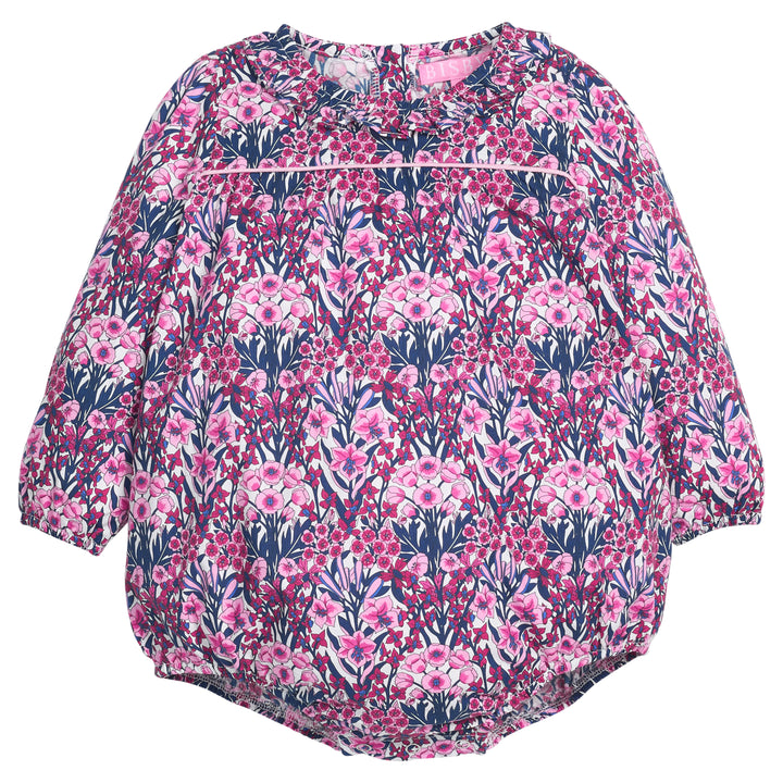 Navy and pink floral-patterned woven baby bubble that features button closure along back of neckline and at stride. 