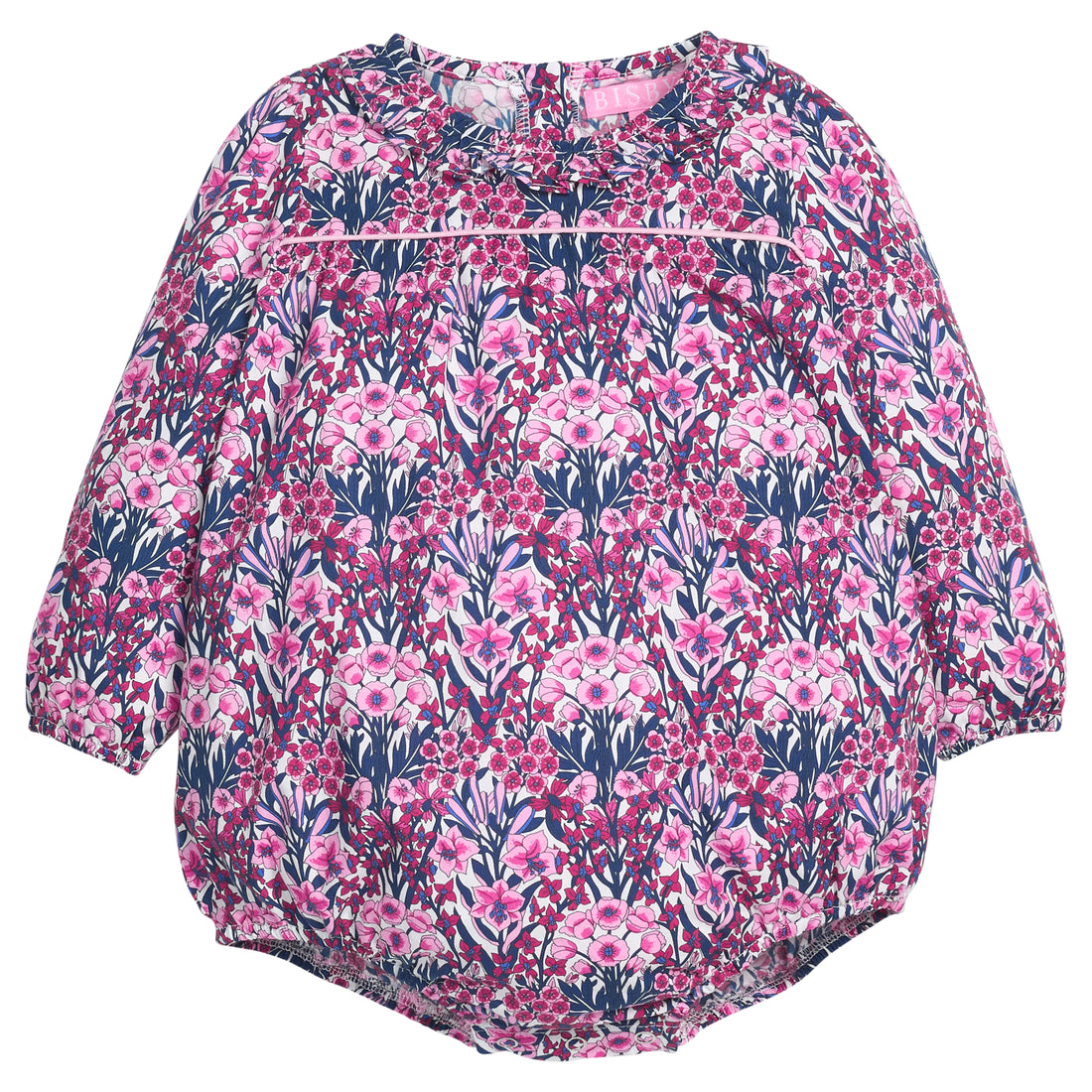 Navy and pink floral-patterned woven baby bubble that features button closure along back of neckline and at stride. 