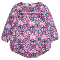 Navy and pink floral-patterned woven baby bubble that features button closure along back of neckline and at stride. 