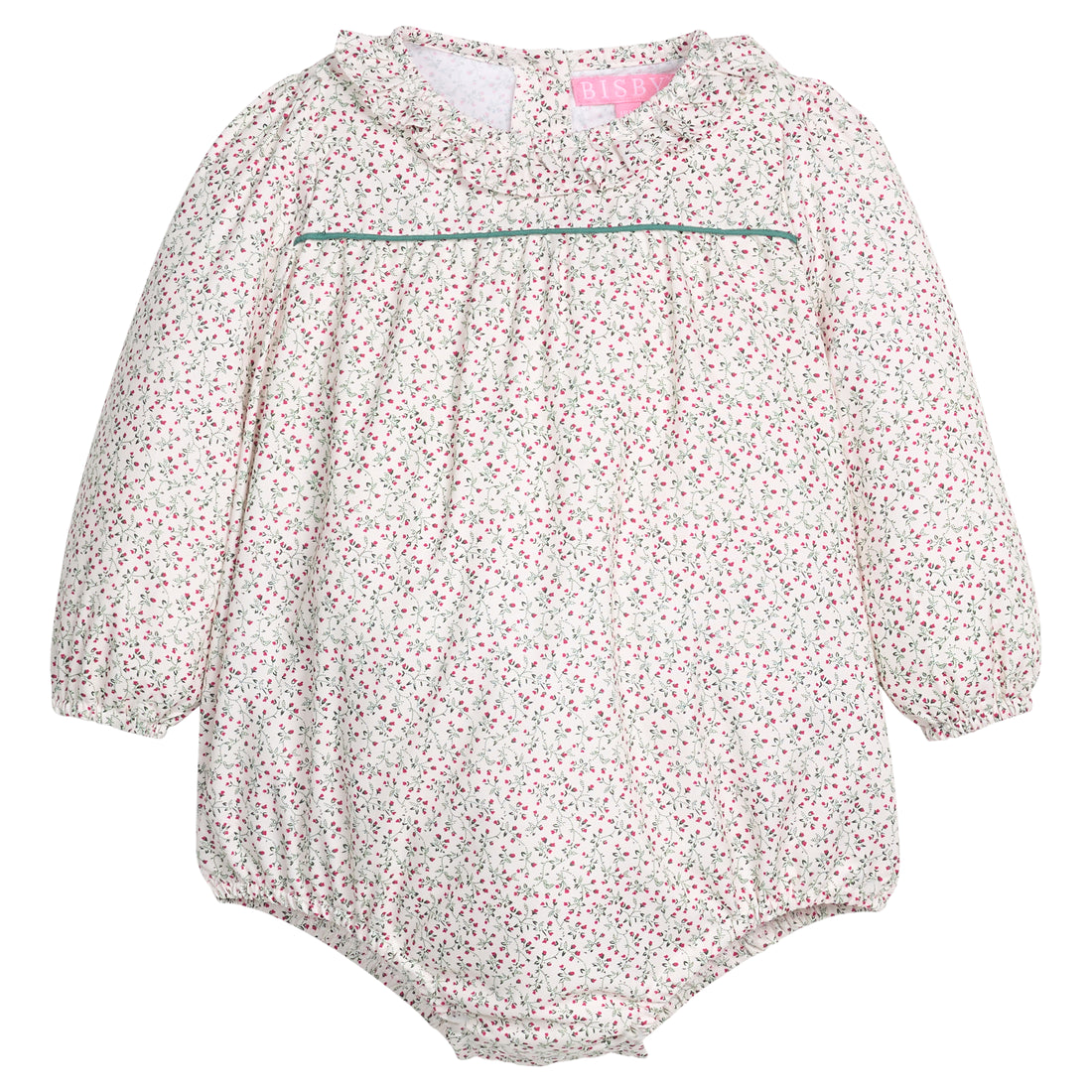 Baby girl woven bubble in a green and red floral print that features a button closure at back of neckline and at stride for easy put on/pull off access. 
