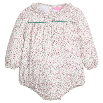 Baby girl woven bubble in a green and red floral print that features a button closure at back of neckline and at stride for easy put on/pull off access. 
