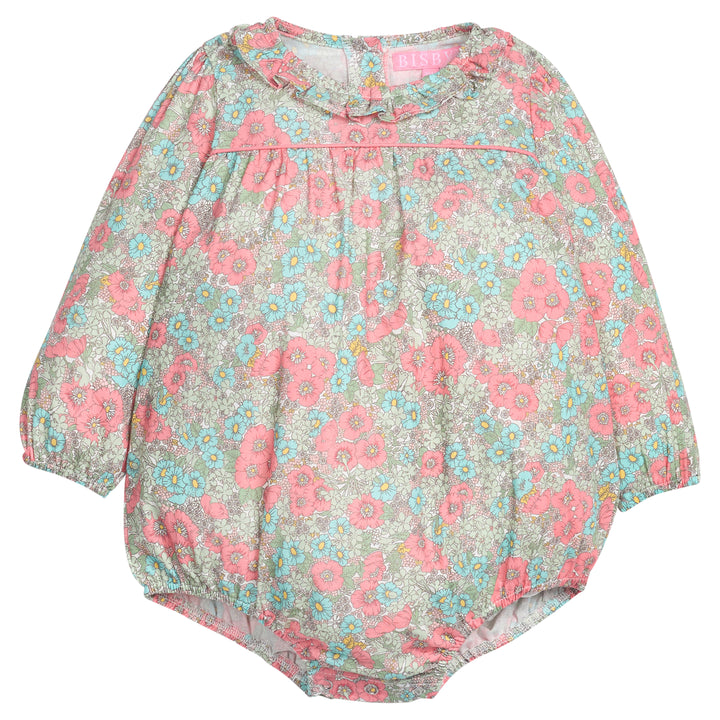 Baby girl woven bubble in a pink/teal/green floral print that features a button closure along back of neckline and at stride. 