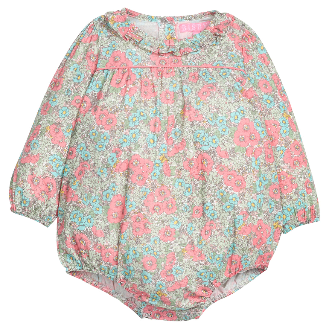 Baby girl woven bubble in a pink/teal/green floral print that features a button closure along back of neckline and at stride. 
