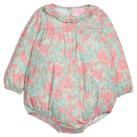 Baby girl woven bubble in a pink/teal/green floral print that features a button closure along back of neckline and at stride. 