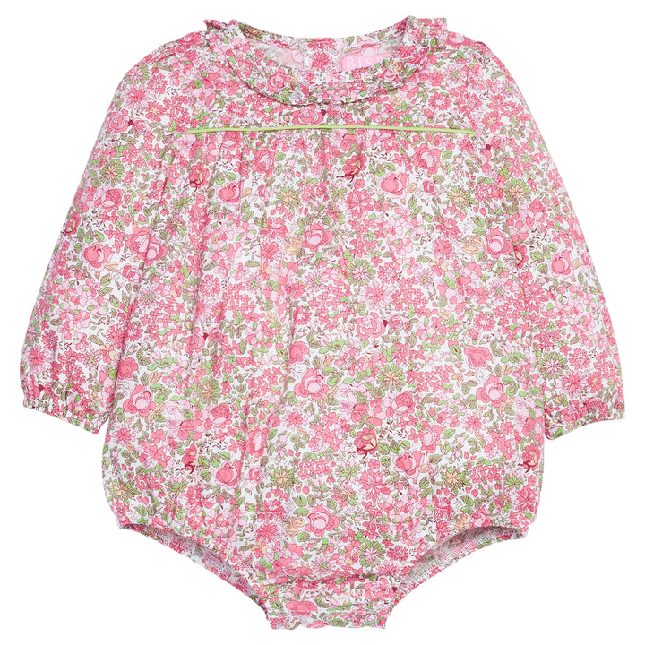 Pink and green baby bubble with green piping that also features button closure along back of neckline and at stride for easy put on/ take off access/