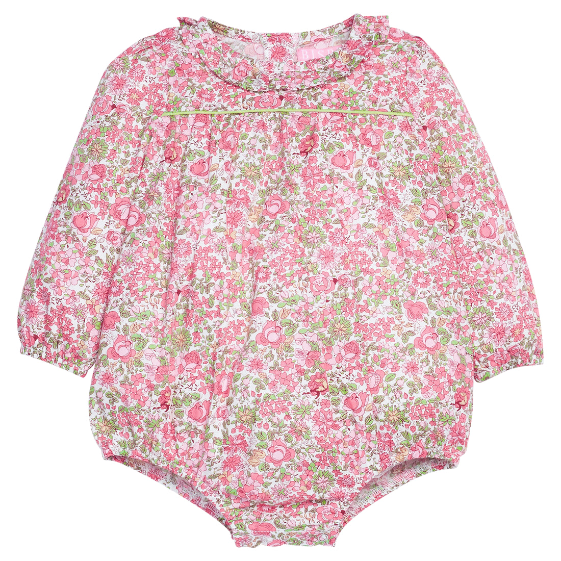 Pink and green baby bubble with green piping that also features button closure along back of neckline and at stride for easy put on/ take off access/