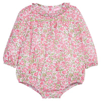 Pink and green baby bubble with green piping that also features button closure along back of neckline and at stride for easy put on/ take off access/