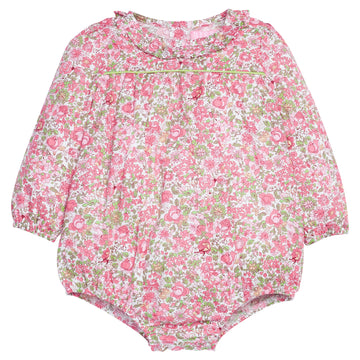 Pink and green baby bubble with green piping that also features button closure along back of neckline and at stride for easy put on/ take off access/