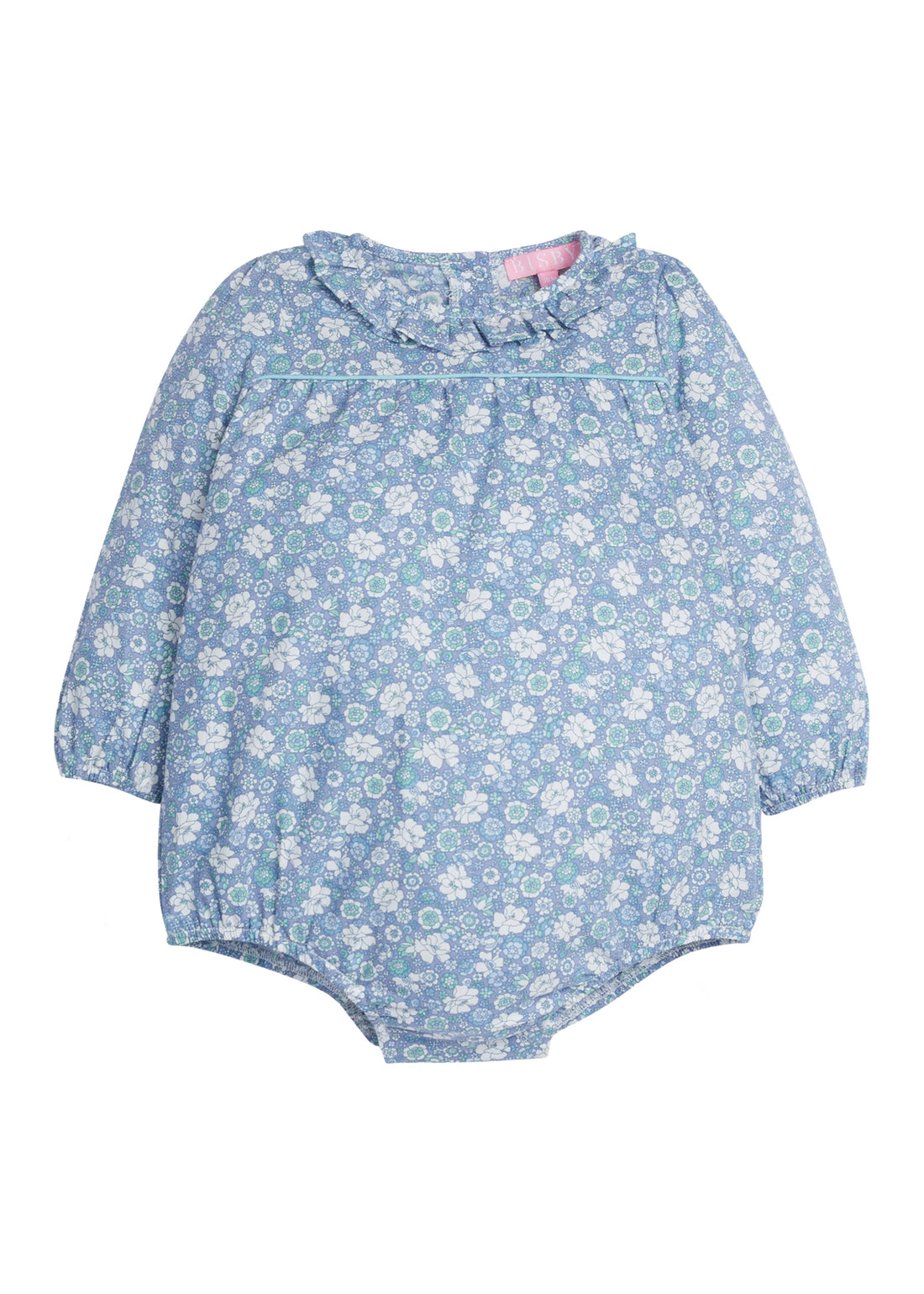 Baby Girl blue floral bubble with ruffle detail around the neckline. The sleeves have elastic at the cuff for a stretchy relaxed fit along with buttons down the back and stride-BISBY