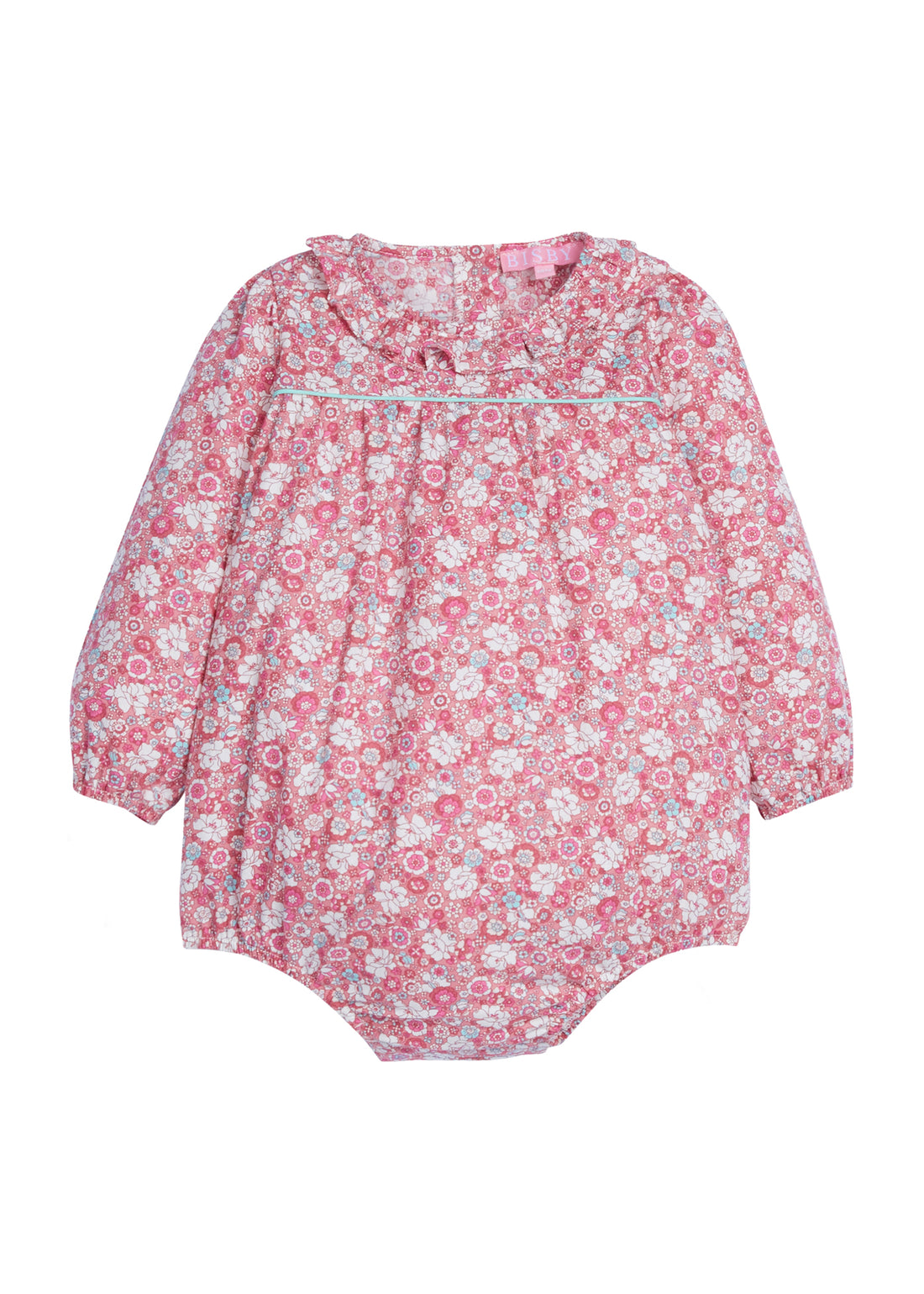 Baby Girl pink floral bubble, with hints of turquoise,  with ruffle detail around the neckline. The sleeves have elastic at the cuff for a stretchy relaxed fit along with buttons down the back and stride-BISBY
