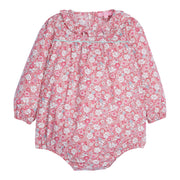 Baby Girl pink floral bubble, with hints of turquoise,  with ruffle detail around the neckline. The sleeves have elastic at the cuff for a stretchy relaxed fit along with buttons down the back and stride-BISBY