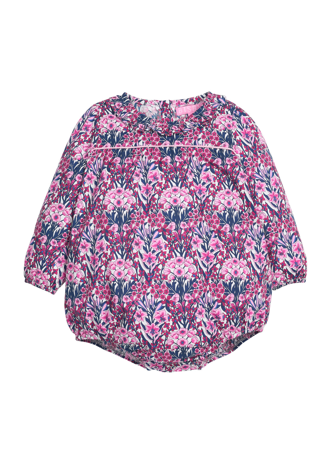 Navy and pink floral-patterned woven baby bubble that features button closure along back of neckline and at stride. 