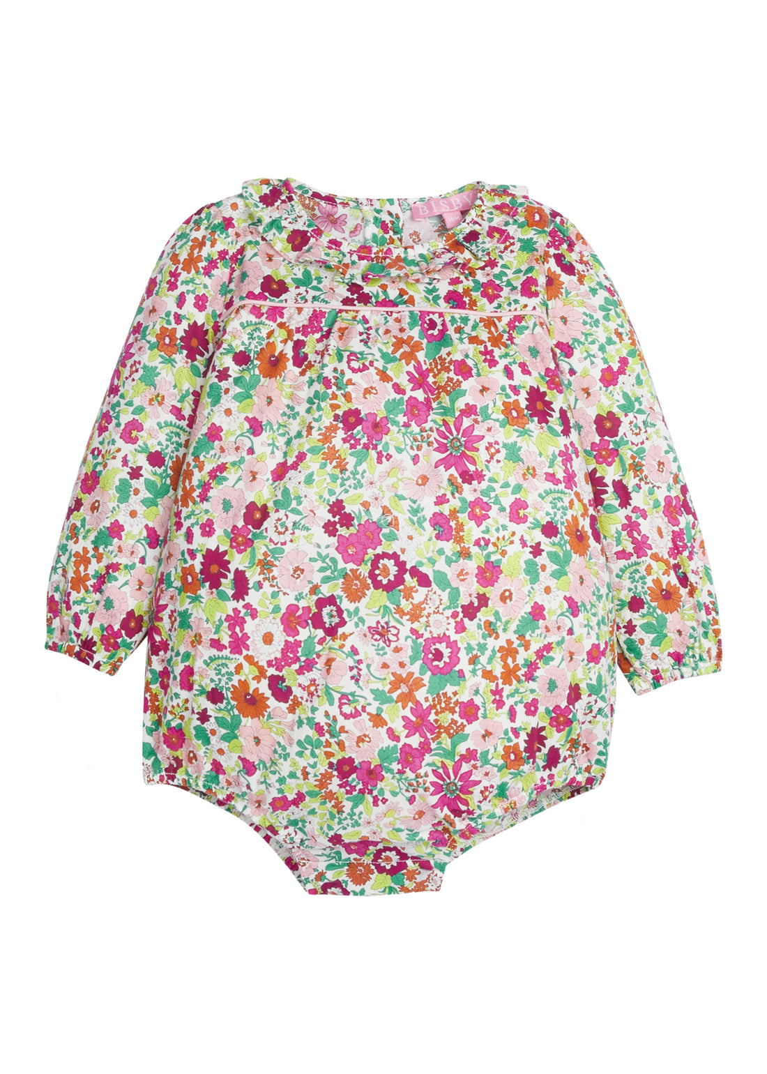 Baby Girl magenta/green/orange floral bubble with ruffle detail around the neckline. The sleeves have elastic at the cuff for a stretchy relaxed fit along with buttons down the back and stride-BISBY
