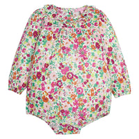 Baby Girl magenta/green/orange floral bubble with ruffle detail around the neckline. The sleeves have elastic at the cuff for a stretchy relaxed fit along with buttons down the back and stride-BISBY