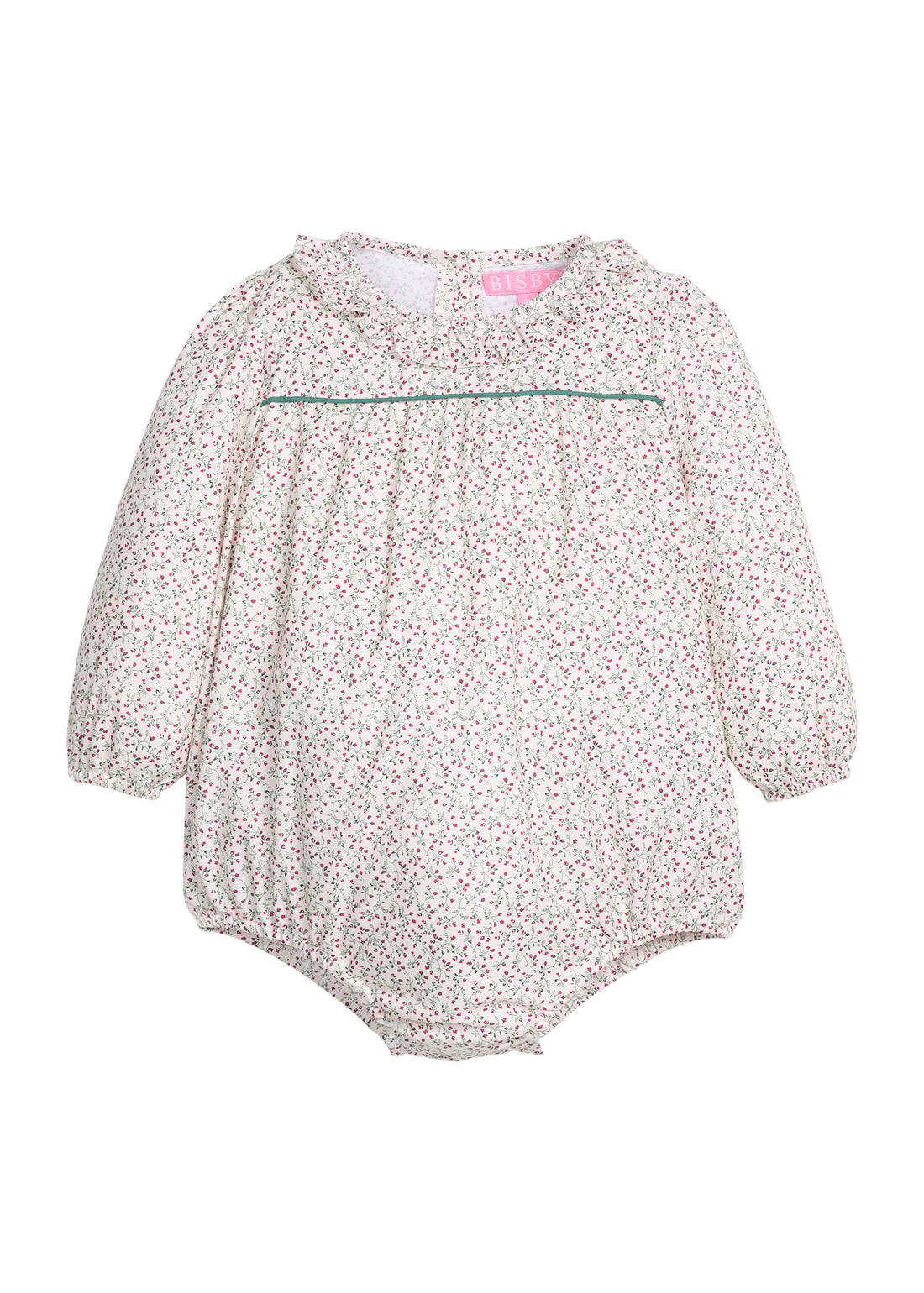 Baby girl woven bubble in a green and red floral print that features a button closure at back of neckline and at stride for easy put on/pull off access. 