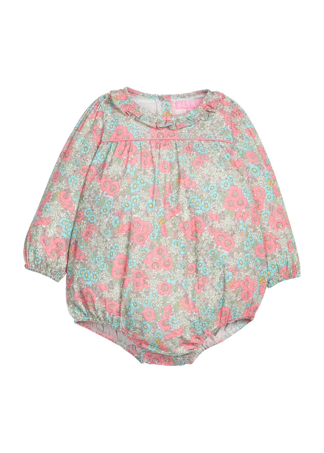 Baby girl woven bubble in a pink/teal/green floral print that features a button closure along back of neckline and at stride. 
