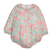 Baby girl woven bubble in a pink/teal/green floral print that features a button closure along back of neckline and at stride. 