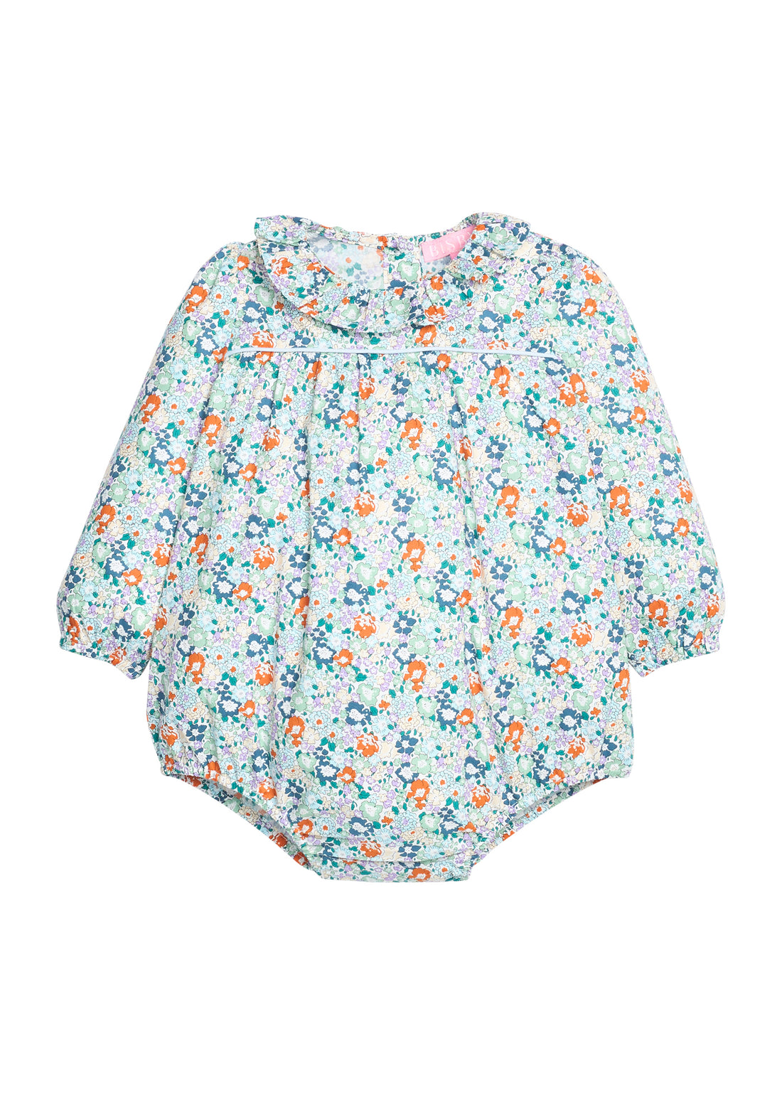 BISBY baby bubble in a orange/teal/green floral print. Bubble features button closure along back and at stride for a relaxed but secure fit. 