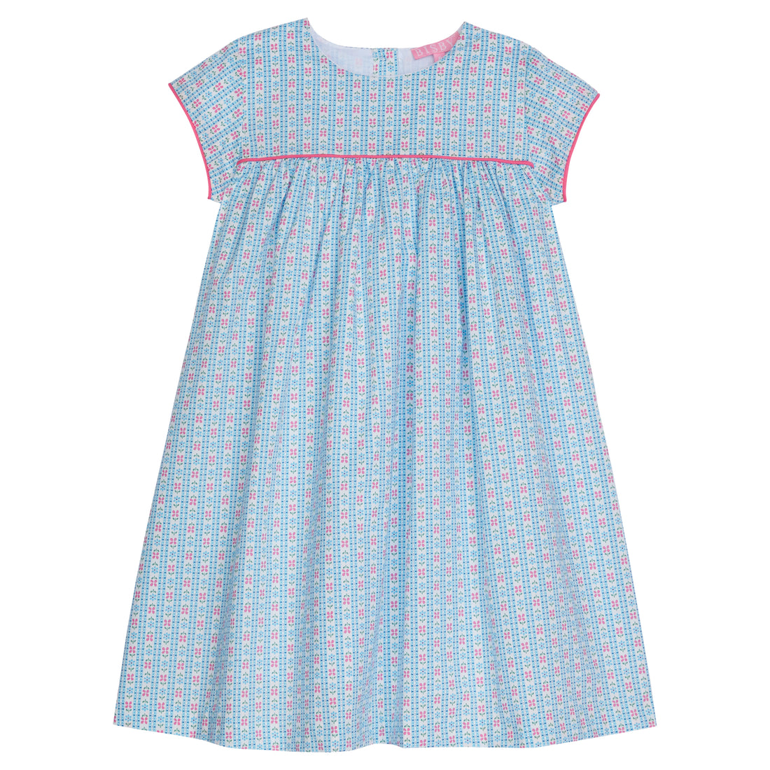 Girl dress with blue and pink daisy chain print, with hot pink trim across bust area and sleeves