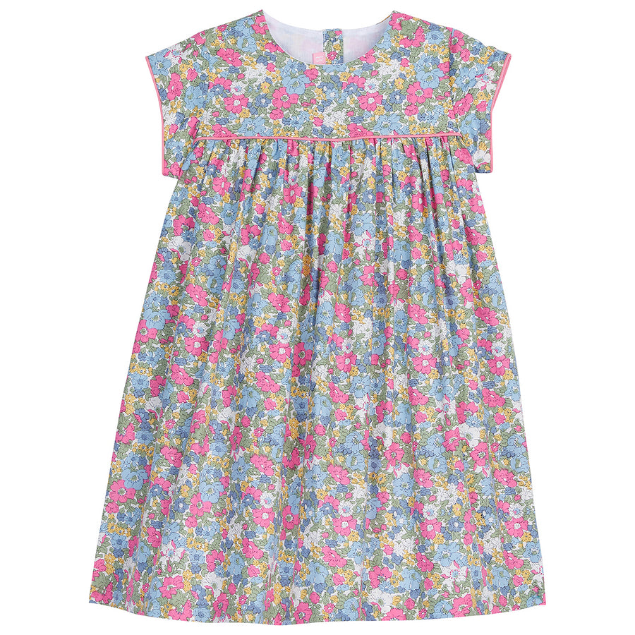 Bright color floral dress with gathering across the bust with pink trim--Charlotte Dress for girls or teens BISBY
