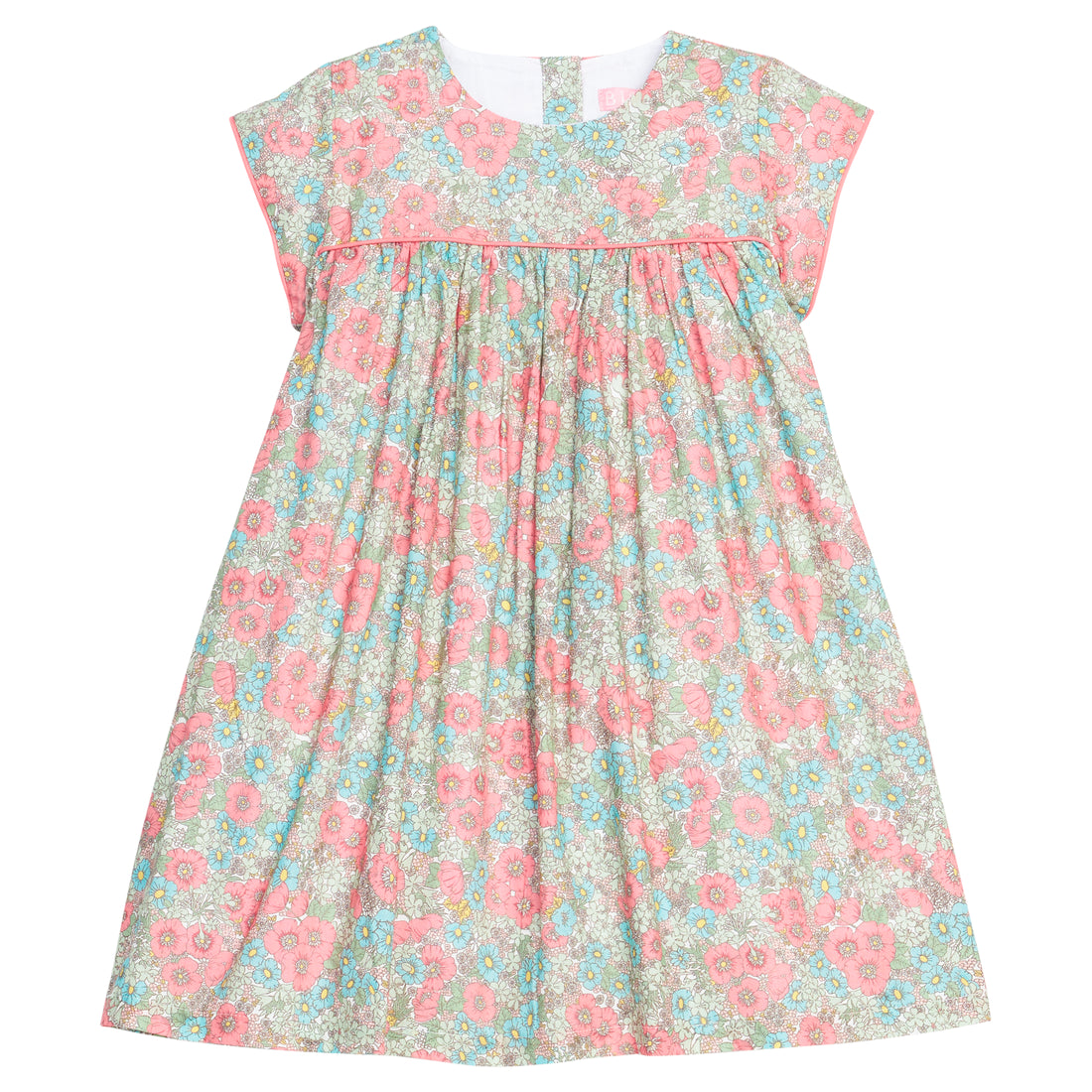 Girls woven dress in a pink/teal/green floral print that features a four button closure along back of dress and a pink trim across the bust and end of sleeves for an elevated look. 