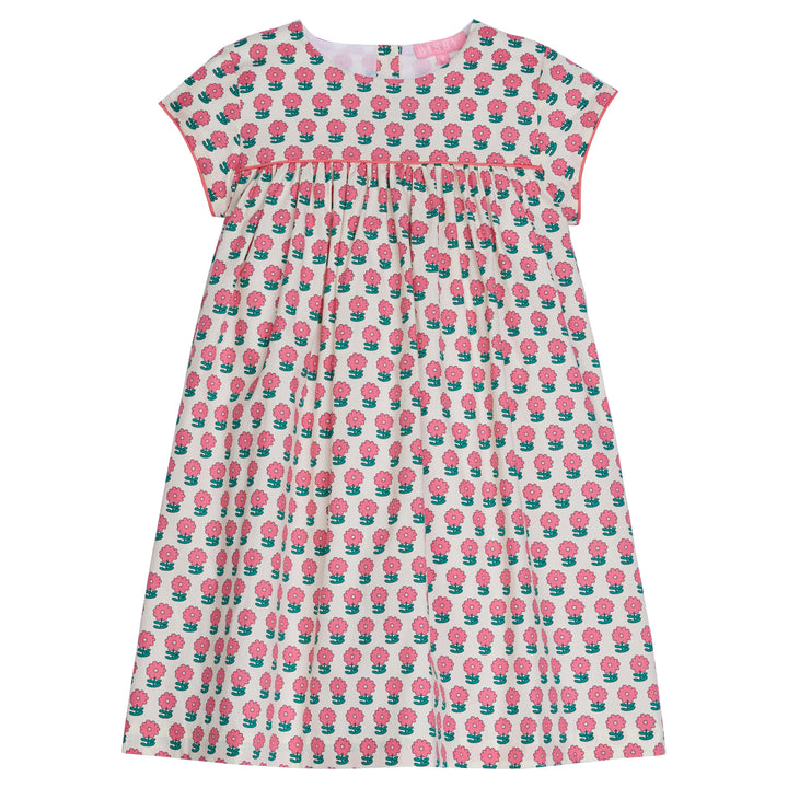 Girl dress with pink floral print (green stems), with pink trim across bust area and sleeves