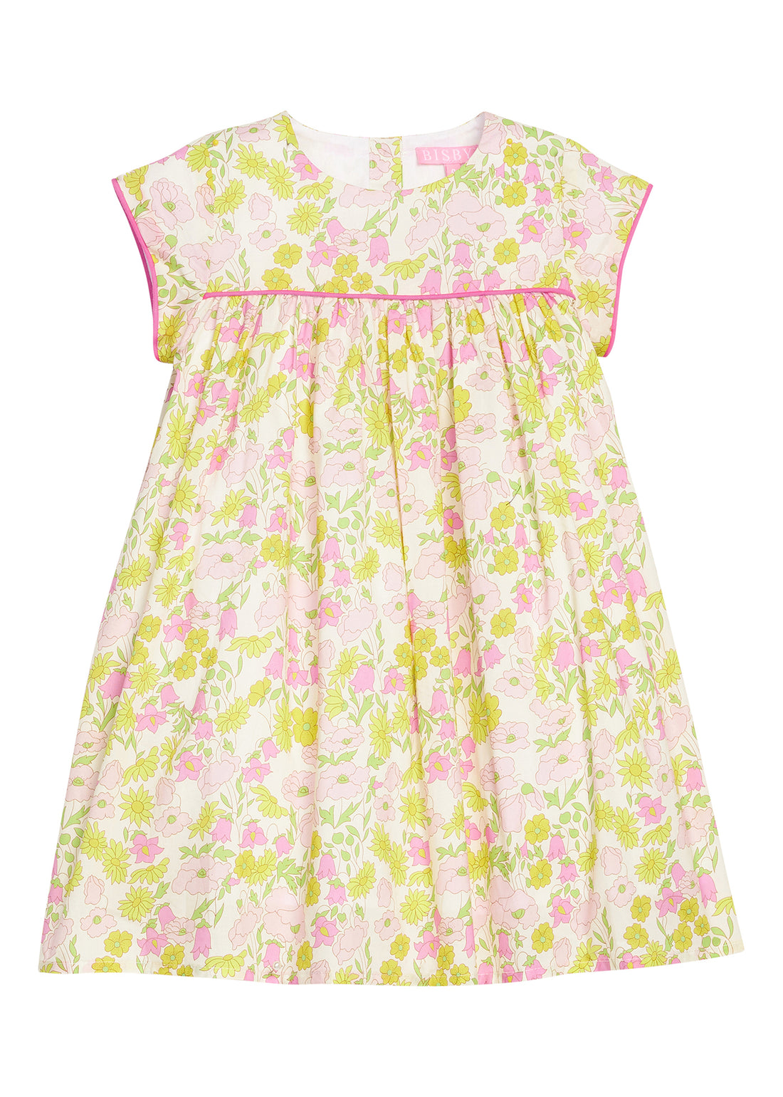 BISBY girl woven dress in a yellow/pink floral print. Dress features three button closure at back and hot pink trim across bust and end of sleeves for a completed look.