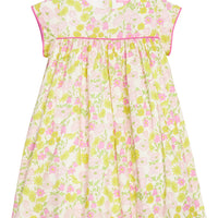 BISBY girl woven dress in a yellow/pink floral print. Dress features three button closure at back and hot pink trim across bust and end of sleeves for a completed look.
