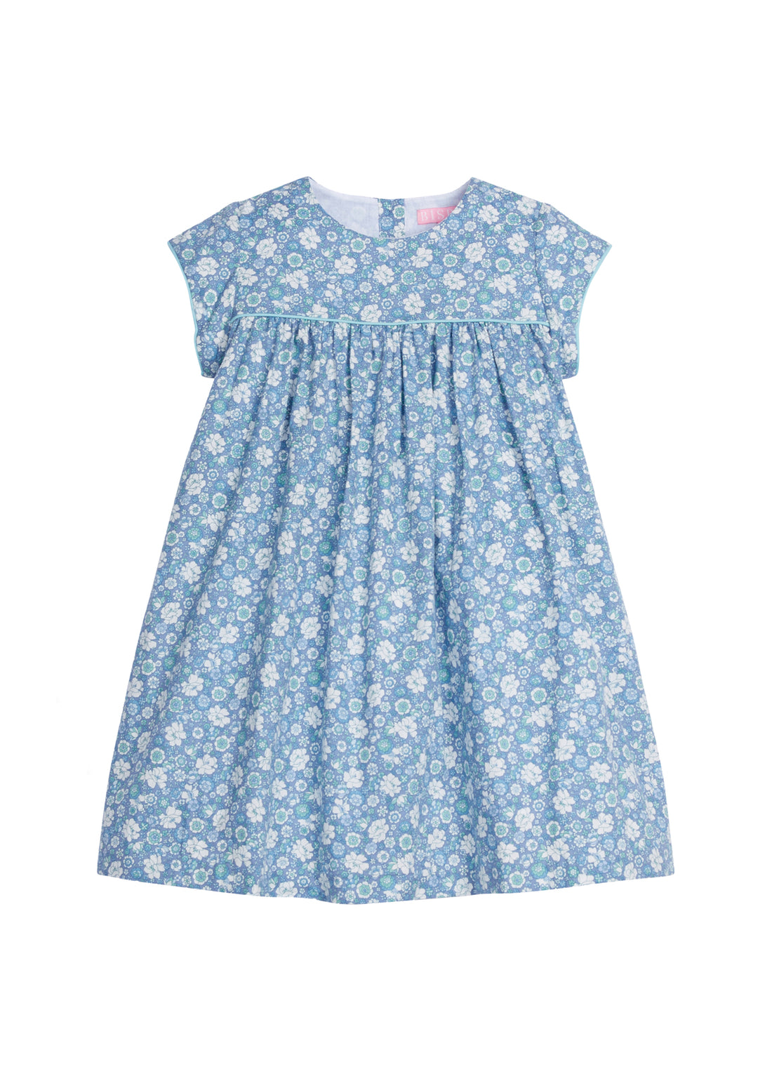 Girls dress featuring our Bedford Gardens Blue Floral. Dress has an aqua trim that goes along the ends of the short sleeves and across the bust of the dress. Dress also has buttons along back making it easy to get in and out of-BISBY