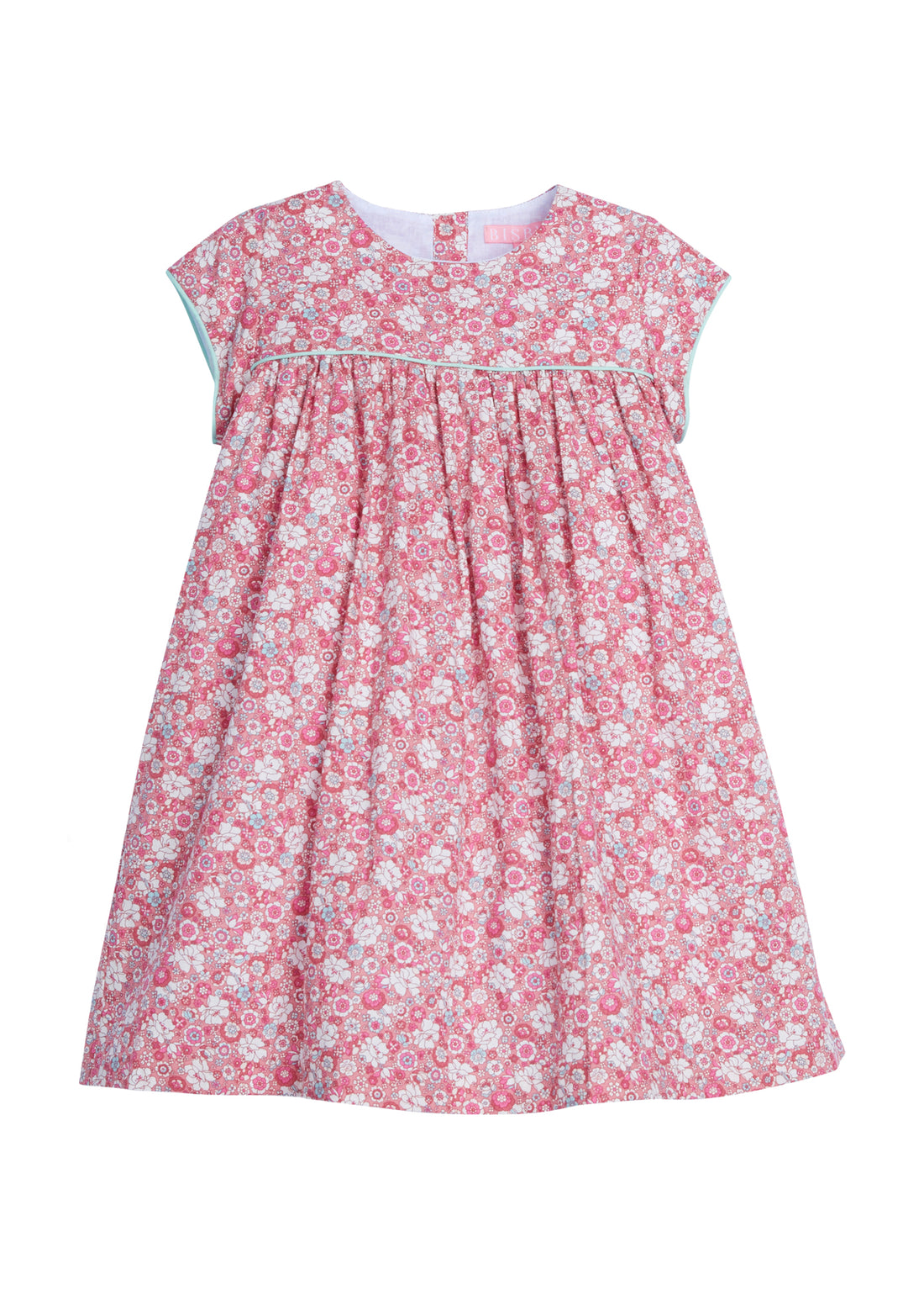 Girls dress featuring our Bedford Gardens Pink Floral. Dress has an aqua trim that goes along the ends of the short sleeves and across the bust of the dress. Dress also has buttons along back making it easy to get in and out of-BISBY