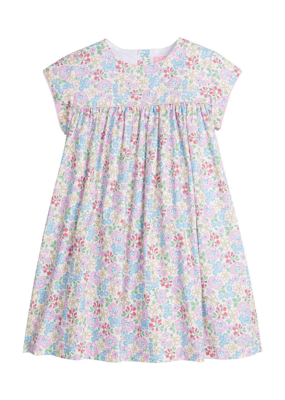 Girls/Tween woven short sleeve dress in a pale yellow with pink/red/blue/green floral print. Dress features button closure at back and a light pink trim detail at bust which adds some fun volume that also continues onto the trim of the sleeves as well.