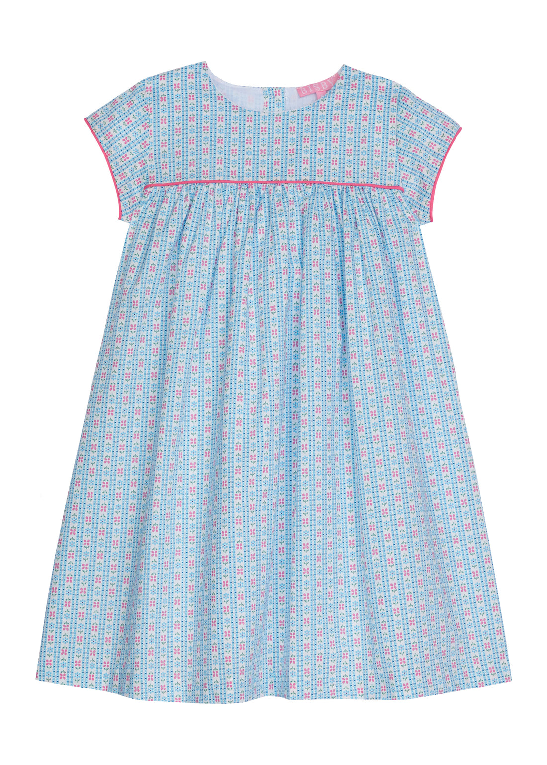 Girl dress with blue and pink daisy chain print, with hot pink trim across bust area and sleeves