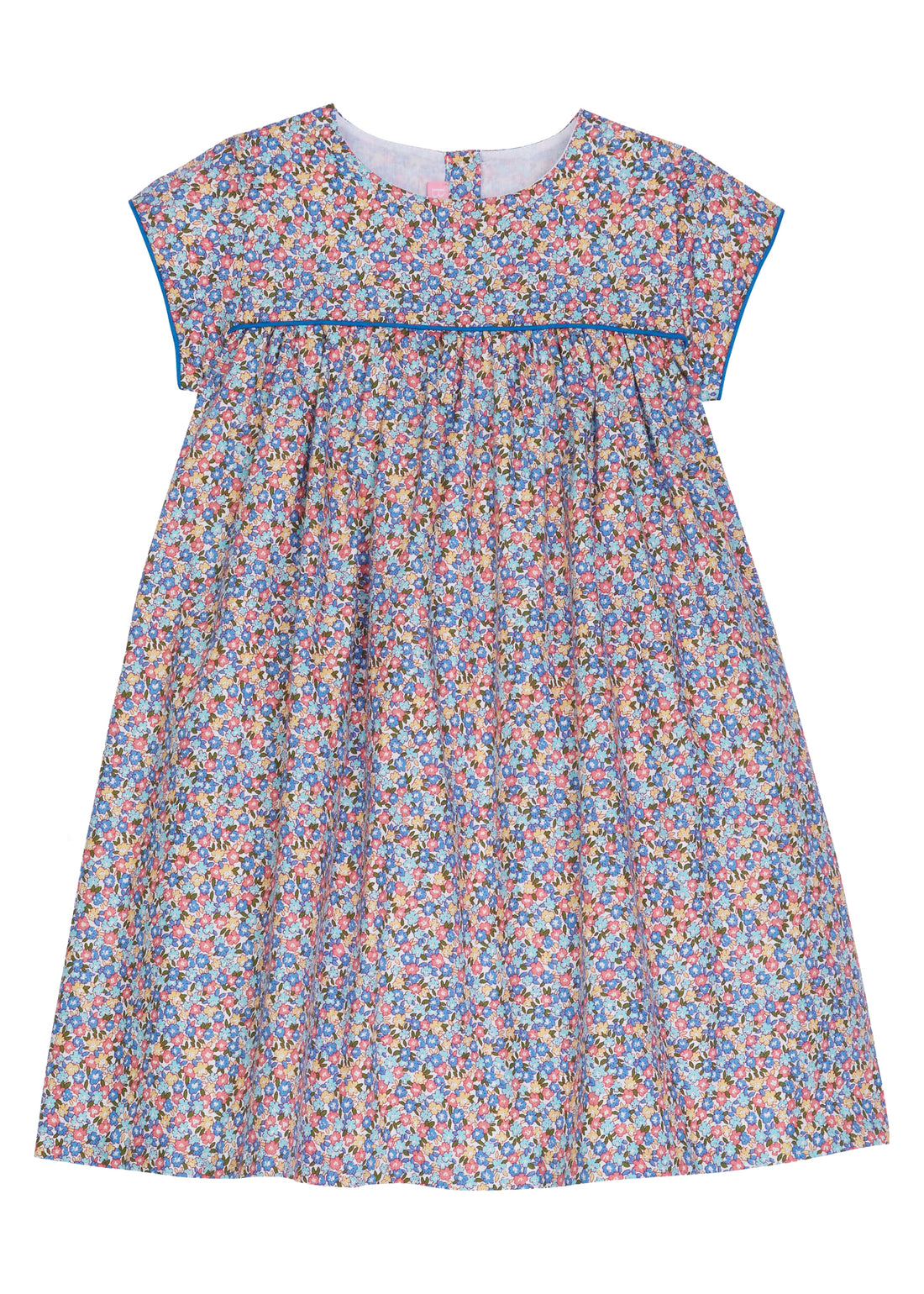 Our Charlotte dress in Devon Floral Blue details a beautiful mix of red, yellow., and blue flowers. There is a solid blue trim around the arms and across bust adding a more structured look--BISBY gir