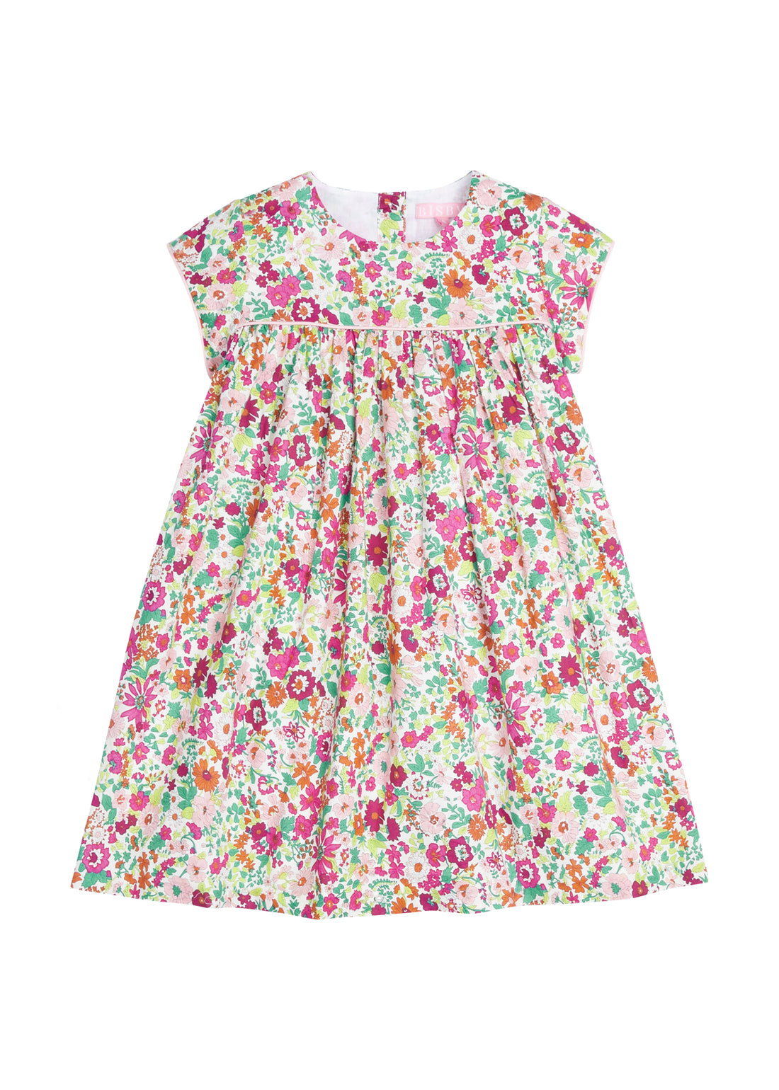 Girls dress featuring our Magenta Floral. Dress has a light pink trim that goes along the ends of the short sleeves and across the bust of the dress. Dress also has buttons along back making it easy to get in and out of-BISBY