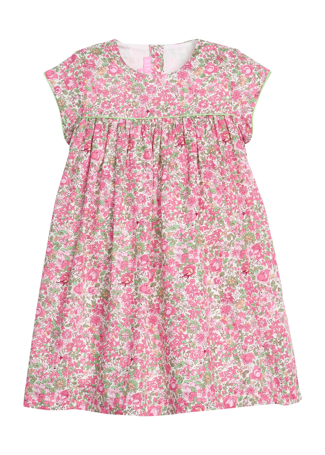 Girls pink and green floral dress with green piping along bust and trim of sleeves, that also features a four button closure along back of neckline. 