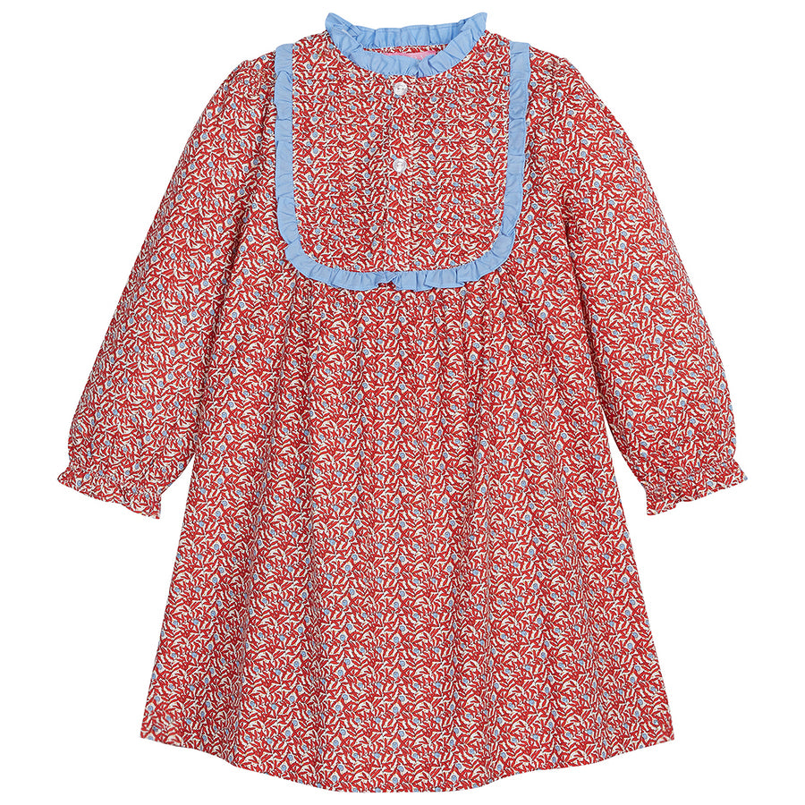 Red floral dress with light blue ruffle trim around top of dress--ChelseaDress BISBY girls/tweens