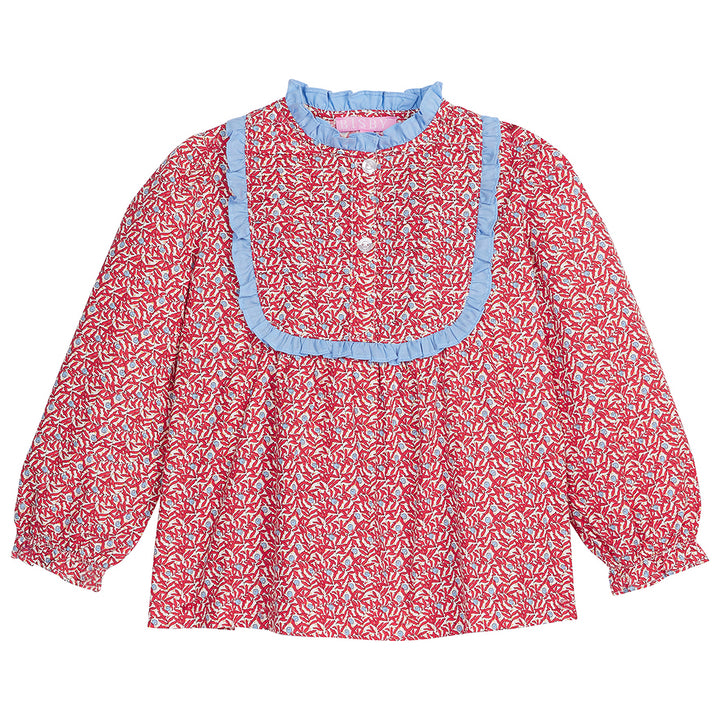 Red and small blue flowers with lightblue ruffle trim around neck and top of shirt-ChelseaTop for BISBY girls/teens