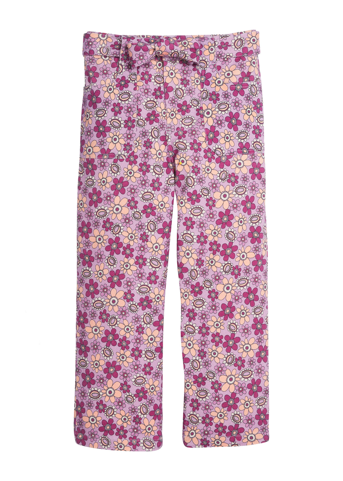Girl/Tween woven pant (feels like jeans) featuring our Petal flower pattern which features a magenta floral arrangement. These pants have pockets in the front and comes with a built in belt to complete the look-BISBY