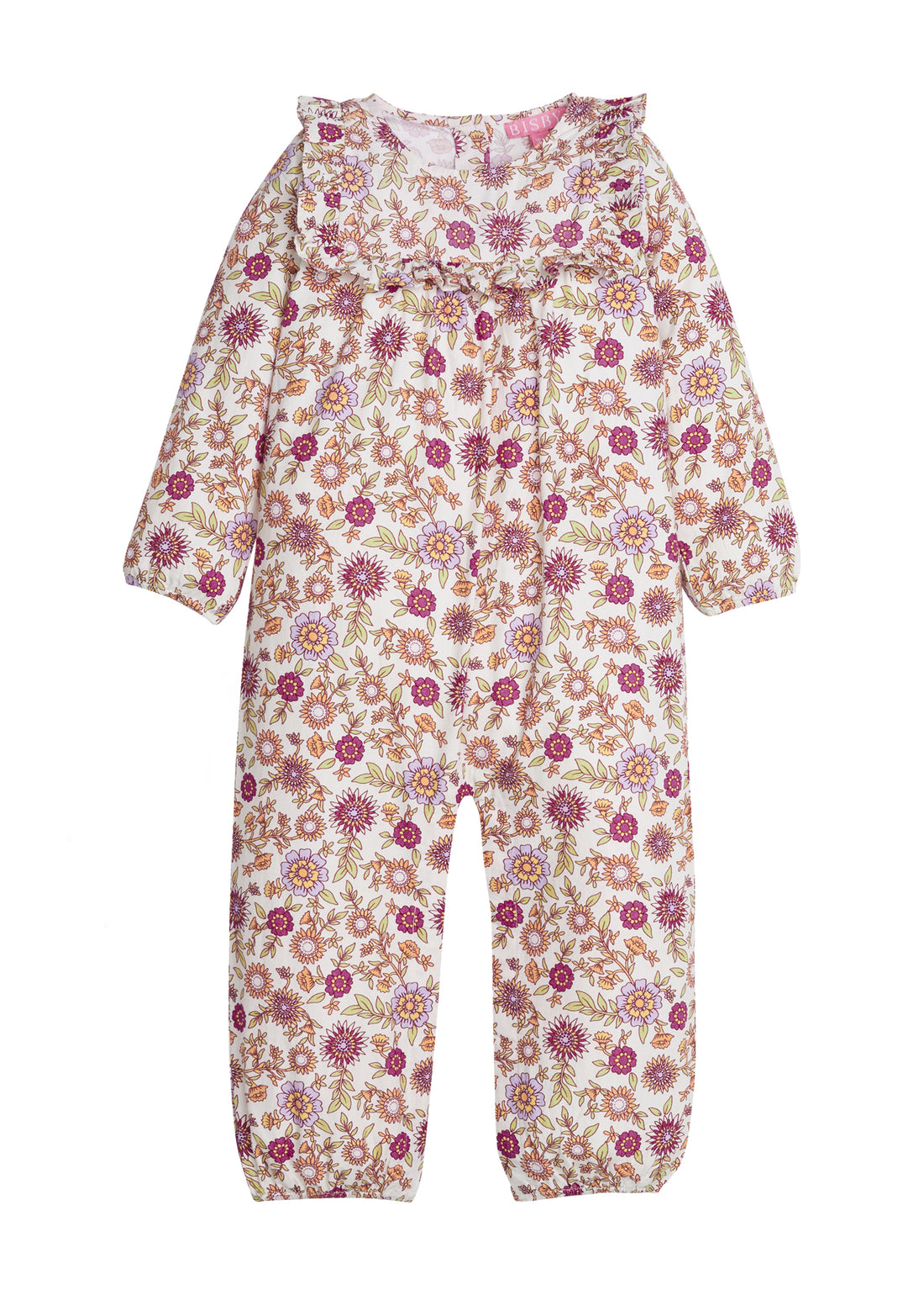 Baby Girl/Girl romper in our Thistle Floral which features an arrangement of purple/magenta/green flowers. The romper has elastic around the cuffs of the sleeves and legs for a stretchy and relaxed fit. Romper also features a square ruffle neck detail on the front and has buttons along the back-BISBY