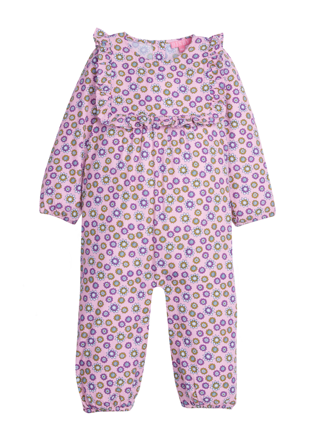 Baby Girl/Girl romper in our Vienna Violets floral which features an arrangement of purple/magenta/yellow flowers on a pink background. The romper has elastic around the cuffs of the sleeves and legs for a stretchy and relaxed fit. Romper also features a square ruffle neck detail on the front and has buttons along the back-BISBY