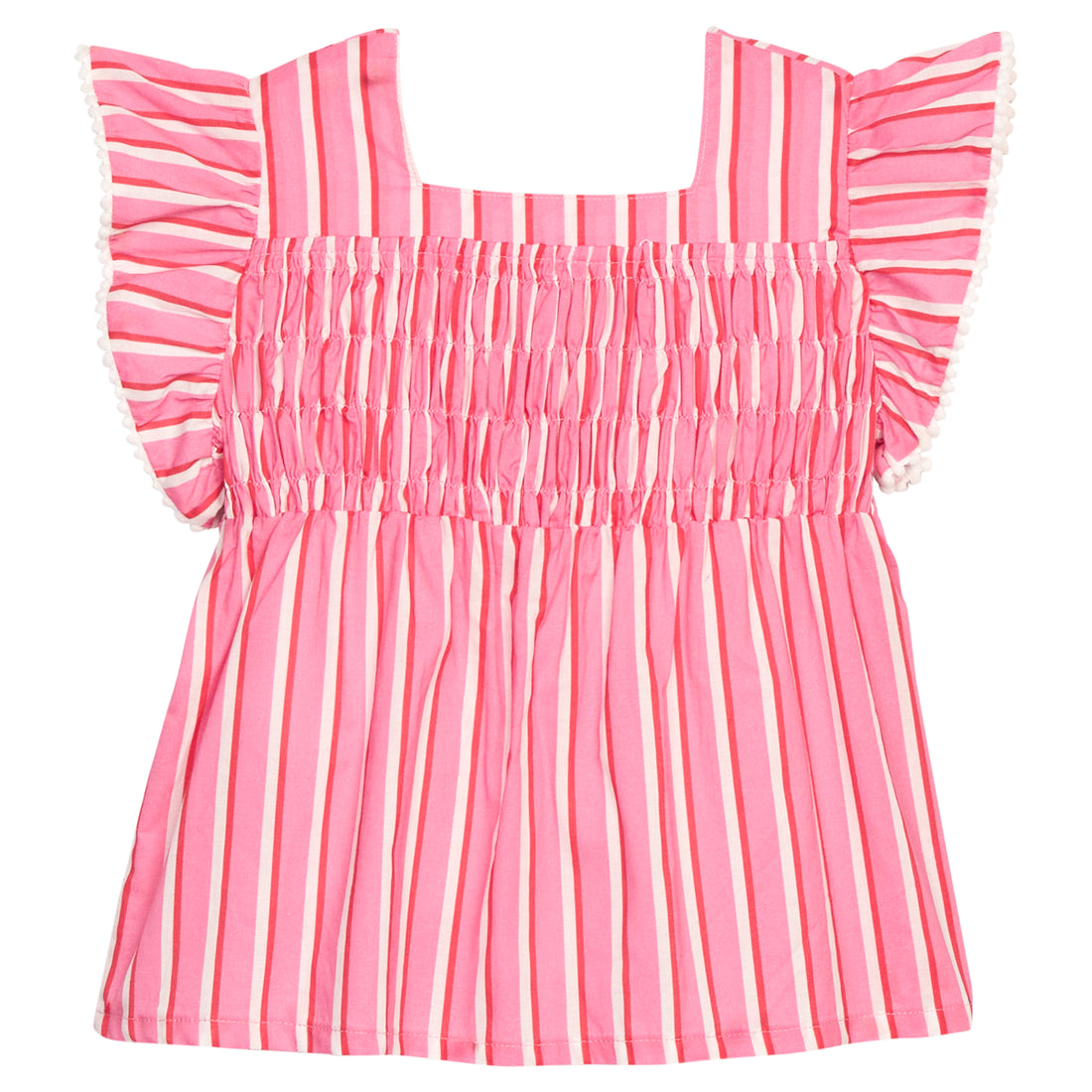BISBY girl woven top in a beautiful pink/red/cream stripe. Top features a thick square neckline, smocking across the bust, and white pom pom trim to complete the look. 