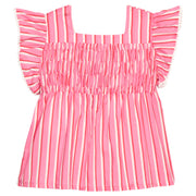 BISBY girl woven top in a beautiful pink/red/cream stripe. Top features a thick square neckline, smocking across the bust, and white pom pom trim to complete the look. 