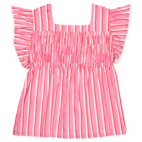 BISBY girl woven top in a beautiful pink/red/cream stripe. Top features a thick square neckline, smocking across the bust, and white pom pom trim to complete the look. 