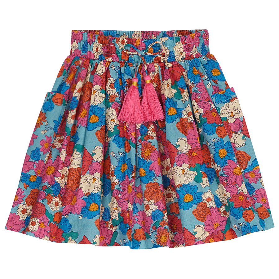 Bright color floral design (pink, orange, blue) with pink tassle--CircleSkirt BISBY girls/teen