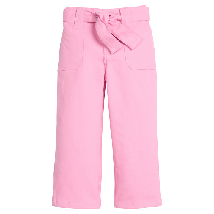 Girls tween twill pant in a bubblegum pink color that feature two functioning pockets on the sides, button snap closure at waist,  and a functioning belt to complete the look. 