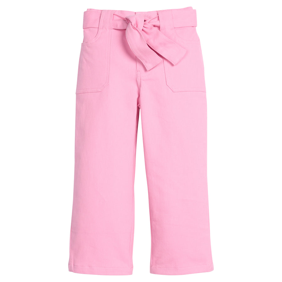 Girls tween twill pant in a bubblegum pink color that feature two functioning pockets on the sides, button snap closure at waist,  and a functioning belt to complete the look. 
