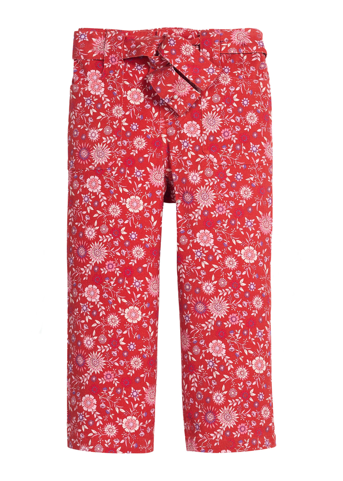 Girls red floral woven pant that features a button closure, two functioning pockets, and a functioning belt to complete the look.