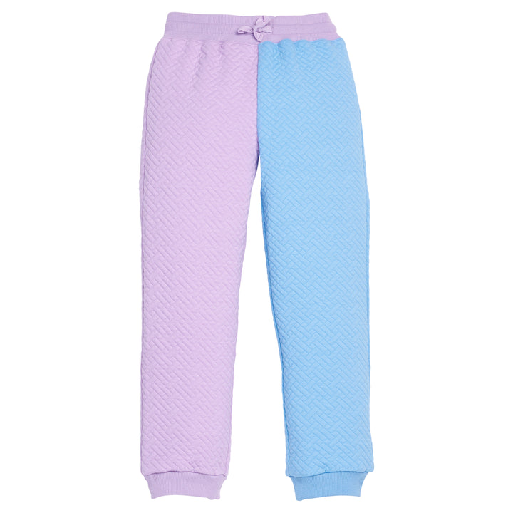 Pair of girls quilted pants in purple and blue on a white background featuring a drawstring waist.
